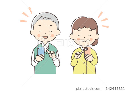圖:一位老年男性和一位老年女性手持智慧型手機,開懷大笑,圖中僅出現上半身。 圖:一位老年男性和一位老年女性手持智慧型手機,開懷大笑,圖中僅出現上半身。 142453831