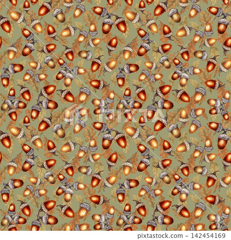 Seamless watercolor oak leaf and acorn pattern in warm autumn orange, golden, and brown tones. Elegant botanical harvest design for fabric, wallpaper, gift wrap, packaging, stationery and home decor Seamless watercolor oak leaf and acorn pattern in warm autumn orange, golden, and brown tones. Elegant botanical harvest design for fabric, wallpaper, gift wrap, packaging, stationery and home decor 142454169