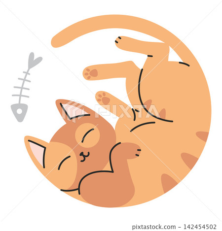 Cute cartoon cat sleeping curled in a circle with peaceful relaxed pose. Trendy modern vector illustration isolated on white background, hand drawn, flat design Cute cartoon cat sleeping curled in a circle with peaceful relaxed pose. Trendy modern vector illustration isolated on white background, hand drawn, flat design 142454502