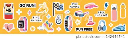 Running and sport themed sticker set with motivational phrases and athletic elements. Includes symbols of active lifestyle. Trendy modern vector illustration, hand drawn, flat design Running and sport themed sticker set with motivational phrases and athletic elements. Includes symbols of active lifestyle. Trendy modern vector illustration, hand drawn, flat design 142454541