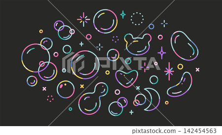 Neon rainbow soap bubbles with various shapes on dark background. Iridescent glowing spheres in circle composition. Trendy modern vector illustration 142454563