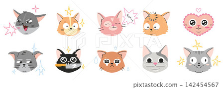 Meme cat emoji set with different emotions and expressions. Cute stylized kitten faces. Trendy modern vector illustration isolated on white background, hand drawn, flat design Meme cat emoji set with different emotions and expressions. Cute stylized kitten faces. Trendy modern vector illustration isolated on white background, hand drawn, flat design 142454567