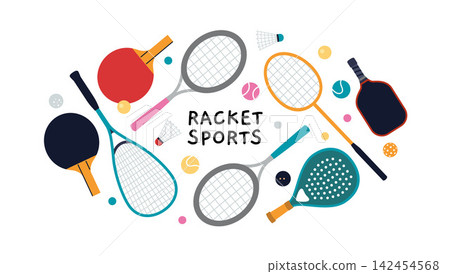 Round composition with Racket sports equipment including tennis, badminton, padel, pickleball and table tennis gear. Trendy modern vector illustration isolated on white, hand drawn, flat design Round composition with Racket sports equipment including tennis, badminton, padel, pickleball and table tennis gear. Trendy modern vector illustration isolated on white, hand drawn, flat design 142454568