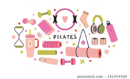 Round composition with Pilates equipment and accessories like Mat, ring, dumbbells, resistance band and roller. Trendy modern vector illustration isolated on white, hand drawn, flat design Round composition with Pilates equipment and accessories like Mat, ring, dumbbells, resistance band and roller. Trendy modern vector illustration isolated on white, hand drawn, flat design 142454569