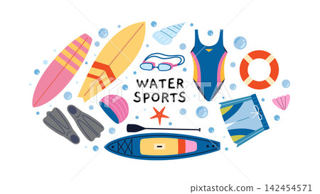 Round composition with Water sports equipment like surfboard, swimsuit, flippers and paddle board. Summer aquatic gear. Trendy modern vector illustration isolated on white, hand drawn, flat design Round composition with Water sports equipment like surfboard, swimsuit, flippers and paddle board. Summer aquatic gear. Trendy modern vector illustration isolated on white, hand drawn, flat design 142454571