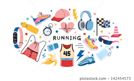 Round composition with Running equipment and accessories. Sneakers, smartwatch, headphones and race elements. Trendy modern vector illustration isolated on white, hand drawn, flat design 142454573