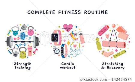 Complete fitness routine concept combining strength training, cardio workout and stretching recovery. Balanced exercise program. Trendy modern vector illustration isolated on white, hand drawn, flat Complete fitness routine concept combining strength training, cardio workout and stretching recovery. Balanced exercise program. Trendy modern vector illustration isolated on white, hand drawn, flat 142454574