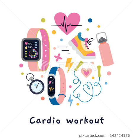 Circle composition with Cardio workout equipment like smartwatch, sneakers and jump rope. Trendy modern vector illustration isolated on white, hand drawn, flat design Circle composition with Cardio workout equipment like smartwatch, sneakers and jump rope. Trendy modern vector illustration isolated on white, hand drawn, flat design 142454576