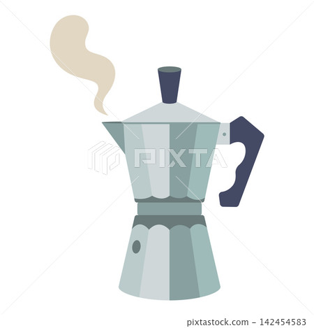 Stovetop metal moka pot coffee maker with steam. Classic home brewing equipment. Trendy modern vector illustration isolated on white background, hand drawn, flat design Stovetop metal moka pot coffee maker with steam. Classic home brewing equipment. Trendy modern vector illustration isolated on white background, hand drawn, flat design 142454583