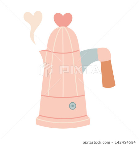 Retro style moka pot coffee maker with heart decoration and steam. Cute pink kitchen appliance for home brewing concept. Trendy modern vector illustration isolated on white, hand drawn, flat design Retro style moka pot coffee maker with heart decoration and steam. Cute pink kitchen appliance for home brewing concept. Trendy modern vector illustration isolated on white, hand drawn, flat design 142454584