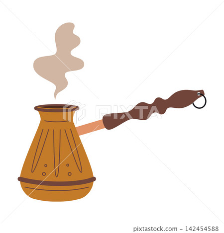 Turkish coffee pot cezve with steam in flat style. Traditional method of brewing coffee. Trendy modern vector illustration isolated on white, hand drawn, flat design Turkish coffee pot cezve with steam in flat style. Traditional method of brewing coffee. Trendy modern vector illustration isolated on white, hand drawn, flat design 142454588