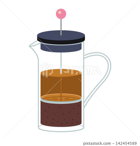 French press coffee or tea maker with brewed drink in glass container. Manual brewing method concept. Trendy modern vector illustration isolated on white, hand drawn, flat design 142454589