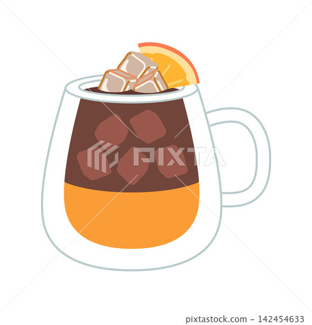 Glass mug of orange espresso with ice, refreshing citrus coffee drink illustration. Trendy modern vector art isolated on white background, hand drawn, flat design Glass mug of orange espresso with ice, refreshing citrus coffee drink illustration. Trendy modern vector art isolated on white background, hand drawn, flat design 142454633