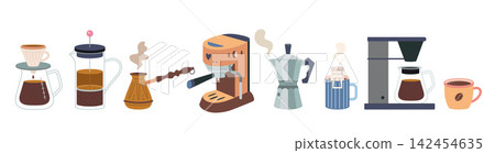 Set of brewing methods items like pour over, french press, moka pot, espresso machine and more. Different preparation techniques for specialty coffee and barista education. Vector illustration, flat Set of brewing methods items like pour over, french press, moka pot, espresso machine and more. Different preparation techniques for specialty coffee and barista education. Vector illustration, flat 142454635