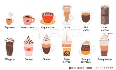 Set of coffee drinks like espresso, cappuccino, latte and more. Popular beverages ideal for cafe menu, drink selection concept. Trendy modern vector illustration, hand drawn, flat design Set of coffee drinks like espresso, cappuccino, latte and more. Popular beverages ideal for cafe menu, drink selection concept. Trendy modern vector illustration, hand drawn, flat design 142454636