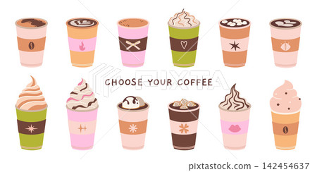 Set of takeaway cups with latte, cappuccino, mocha, hot chocolate and more. Sweet beverages with toppings for cafe menu design. Trendy modern vector illustration isolated on white, flat design Set of takeaway cups with latte, cappuccino, mocha, hot chocolate and more. Sweet beverages with toppings for cafe menu design. Trendy modern vector illustration isolated on white, flat design 142454637