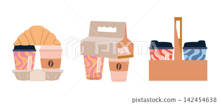Takeaway set with coffee, croissant, cardboard carrier holder and tray. Breakfast and street food concept for cafe and bakery menu. Trendy modern vector illustration isolated on white, flat design Takeaway set with coffee, croissant, cardboard carrier holder and tray. Breakfast and street food concept for cafe and bakery menu. Trendy modern vector illustration isolated on white, flat design 142454638
