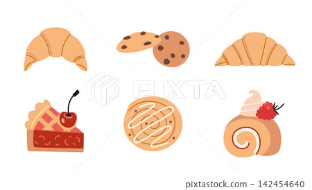 Bakery set with croissant, cookie, cinnamon roll and pie. Sweet pastry collection for cafe menu, dessert design and confectionery concept. Trendy modern vector illustration, flat design Bakery set with croissant, cookie, cinnamon roll and pie. Sweet pastry collection for cafe menu, dessert design and confectionery concept. Trendy modern vector illustration, flat design 142454640