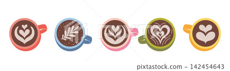 Set of coffee cups with classical latte art with heart and leaf. Top view drinks perfect for cafe menu, barista design and coffee culture concept. Trendy modern vector illustration, flat design Set of coffee cups with classical latte art with heart and leaf. Top view drinks perfect for cafe menu, barista design and coffee culture concept. Trendy modern vector illustration, flat design 142454643