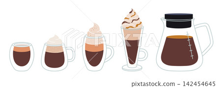 Set of various coffee drinks and drinkware. Hot beverages in Double walled glass mugs. Trendy modern vector illustration isolated on white background, hand drawn, flat design 142454645