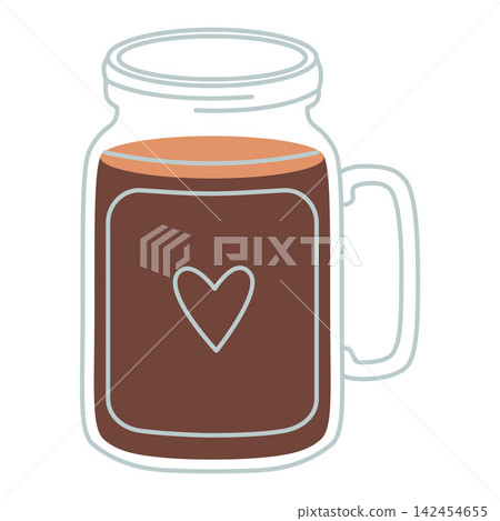 Glass jar mug with coffee and heart symbol for cafe menu, cozy beverage concept. Trendy modern vector illustration isolated on white, hand drawn, flat design Glass jar mug with coffee and heart symbol for cafe menu, cozy beverage concept. Trendy modern vector illustration isolated on white, hand drawn, flat design 142454655