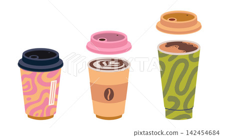 Set of takeaway coffee cups with different designs and lids, colorful drink collection for cafe branding and menu concept. Trendy modern vector illustration isolated on white, hand drawn, flat design Set of takeaway coffee cups with different designs and lids, colorful drink collection for cafe branding and menu concept. Trendy modern vector illustration isolated on white, hand drawn, flat design 142454684