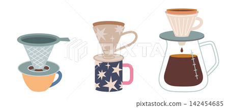 Set of pour over coffee setups like dripper, ceramic filter and glass server. Manual brewing collection for specialty coffee and home preparation. Trendy modern vector illustration, flat design Set of pour over coffee setups like dripper, ceramic filter and glass server. Manual brewing collection for specialty coffee and home preparation. Trendy modern vector illustration, flat design 142454685
