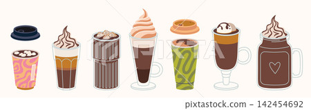 Set of coffee drinks like iced coffee, affogato, latte, frappe and more. Sweet beverages and desserts for cafe menu and drink variety concept. Trendy modern vector illustration, hand drawn, flat Set of coffee drinks like iced coffee, affogato, latte, frappe and more. Sweet beverages and desserts for cafe menu and drink variety concept. Trendy modern vector illustration, hand drawn, flat 142454692
