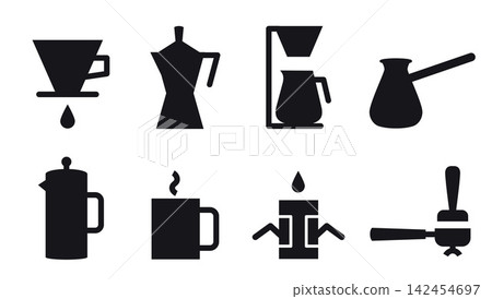 Set of coffee brewing method icons like pour over, moka pot, filter machine, cezve and more. Black silhouette symbols for grind guide, packaging and cafe design. Vector illustration isolated on white Set of coffee brewing method icons like pour over, moka pot, filter machine, cezve and more. Black silhouette symbols for grind guide, packaging and cafe design. Vector illustration isolated on white 142454697
