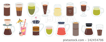 Set of transparent glassware for drinks like coffee, tea, juice and more. Different glass cups and vessels for cafe serving and beverage presentation. Trendy vector illustration, hand drawn, flat Set of transparent glassware for drinks like coffee, tea, juice and more. Different glass cups and vessels for cafe serving and beverage presentation. Trendy vector illustration, hand drawn, flat 142454706