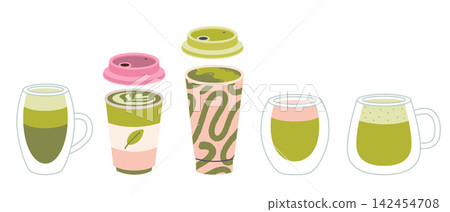 Set of matcha drinks in different cups. Green tea beverages collection for cafe menu and healthy lifestyle concept. Trendy modern vector illustration isolated on white, hand drawn, flat design Set of matcha drinks in different cups. Green tea beverages collection for cafe menu and healthy lifestyle concept. Trendy modern vector illustration isolated on white, hand drawn, flat design 142454708