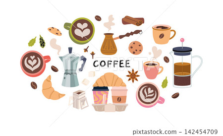 Round composition with Coffee cups, moka pot, croissant and spices. Cozy beverage concept for cafe design, menu and morning mood. Trendy modern vector illustration, hand drawn, flat design Round composition with Coffee cups, moka pot, croissant and spices. Cozy beverage concept for cafe design, menu and morning mood. Trendy modern vector illustration, hand drawn, flat design 142454709
