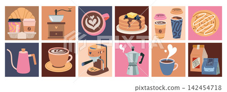 Square colorful coffee icons with cup, croissant, grinder, moka pot and more. Collection for menu and cafe branding. Trendy modern vector illustartions, flat Square colorful coffee icons with cup, croissant, grinder, moka pot and more. Collection for menu and cafe branding. Trendy modern vector illustartions, flat 142454718