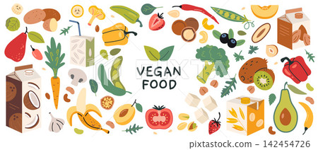 Vegan food composition with fruits, vegetables, grains and plant based products. Healthy diet concept for menu, packaging and lifestyle design. Trendy modern vector illustration, flat design Vegan food composition with fruits, vegetables, grains and plant based products. Healthy diet concept for menu, packaging and lifestyle design. Trendy modern vector illustration, flat design 142454726