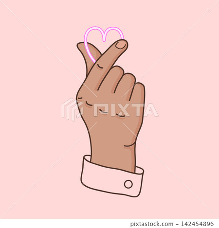 Finger gesture - love you. Symbol hand heart. Love sign. Vector illustration in flat style. Cute element on pink background. Can be used for web message, print t-shirt, poster, banner, postcard Finger gesture - love you. Symbol hand heart. Love sign. Vector illustration in flat style. Cute element on pink background. Can be used for web message, print t-shirt, poster, banner, postcard 142454896