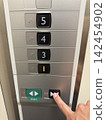 The elevator control panel and the finger pressing the close button 142454902