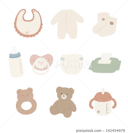 嬰兒用品10件套裝,採用柔和的手繪圖案 嬰兒用品10件套裝,採用柔和的手繪圖案 142454979