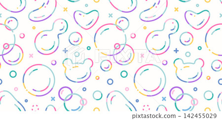 Seamless pattern with Rainbow soap bubbles, various shapes and colorful outlines. Iridescent transparent spheres. Trendy modern vector illustration on light background, flat design Seamless pattern with Rainbow soap bubbles, various shapes and colorful outlines. Iridescent transparent spheres. Trendy modern vector illustration on light background, flat design 142455029