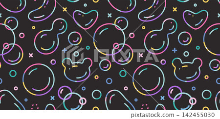 Seamless pattern with Neon Rainbow soap bubbles, various shapes and colorful outlines. Iridescent transparent spheres. Trendy modern vector illustration on black background, flat design Seamless pattern with Neon Rainbow soap bubbles, various shapes and colorful outlines. Iridescent transparent spheres. Trendy modern vector illustration on black background, flat design 142455030