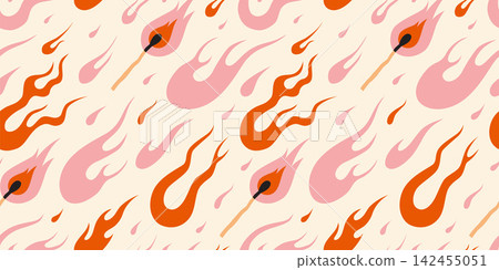Seamless pattern with various flames, fire and match in y2k aesthetic, vintage cartoon, old school tattoo style. Trendy modern vector illustration on light background, hand drawn, flat design Seamless pattern with various flames, fire and match in y2k aesthetic, vintage cartoon, old school tattoo style. Trendy modern vector illustration on light background, hand drawn, flat design 142455051