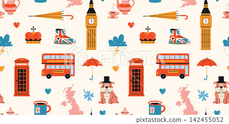 Seamless pattern with iconic London and British culture symbols like red bus, phone booth, umbrella, crown and map of the UK. Travel and England themed vector arts on light background, flat design Seamless pattern with iconic London and British culture symbols like red bus, phone booth, umbrella, crown and map of the UK. Travel and England themed vector arts on light background, flat design 142455052