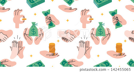 Seamless pattern with hands holding cash, coins and money bags. Payments, savings, donations and money exchange for banking or fintech design. Vector illustration on white background Seamless pattern with hands holding cash, coins and money bags. Payments, savings, donations and money exchange for banking or fintech design. Vector illustration on white background 142455065