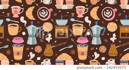 Cute seamless coffee pattern with cups, moka pot, grinder, beans, desserts and takeaway drinks. Cozy cafe art perfect for barista and coffee shop design. Vector illustration on dark background 142455073