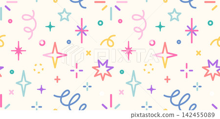 Colorful seamless party pattern with stars, confetti and festive doodles on light background. Fun celebration design perfect for birthday decorations, wrapping paper and textiles 142455089