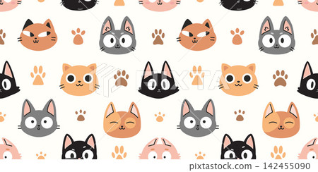 Cute seamless pattern with funny cat faces and paw prints on light background. Adorable kitten design perfect for kids textiles, wrapping paper and pet themed decor Cute seamless pattern with funny cat faces and paw prints on light background. Adorable kitten design perfect for kids textiles, wrapping paper and pet themed decor 142455090