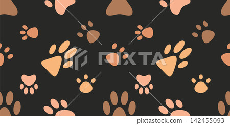 Seamless paw print pattern on dark background. Cute pet inspired design perfect for animal accessories, veterinary branding and textile decoration Seamless paw print pattern on dark background. Cute pet inspired design perfect for animal accessories, veterinary branding and textile decoration 142455093