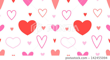 Cute seamless heart pattern with pink and red romantic shapes on light background. Lovely decorative design perfect for Valentine cards, wrapping paper and textiles Cute seamless heart pattern with pink and red romantic shapes on light background. Lovely decorative design perfect for Valentine cards, wrapping paper and textiles 142455094