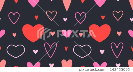 Cute seamless heart pattern with pink and red romantic shapes on dark background. Lovely decorative design perfect for Valentine cards, wrapping paper and textiles Cute seamless heart pattern with pink and red romantic shapes on dark background. Lovely decorative design perfect for Valentine cards, wrapping paper and textiles 142455095