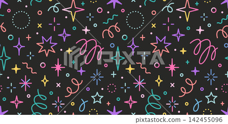 Colorful seamless party pattern with Neon stars, sparkles and fireworks bursts on dark background. Fun celebration design perfect for birthday decorations, wrapping paper and textiles Colorful seamless party pattern with Neon stars, sparkles and fireworks bursts on dark background. Fun celebration design perfect for birthday decorations, wrapping paper and textiles 142455096