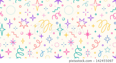 Colorful seamless party pattern with Star and sparkle elements in bright pastel colors. Fun celebration design for decorations, wrapping paper and textiles. Vector illustration on light background 142455097